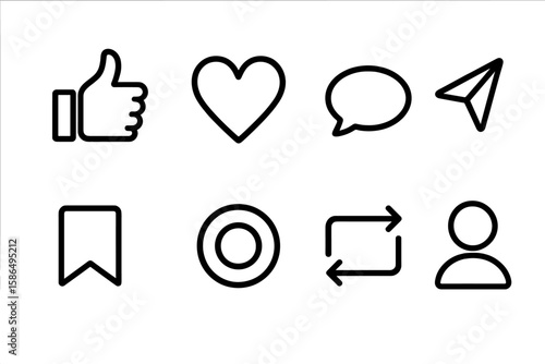 Minimalist Social Media UI Icon Set – Like, Love, Heart, Comment, Share, Repost, Save, Stories, User, Notification, Button Symbols – Instagram Inspired, Transparent Vector PNG
