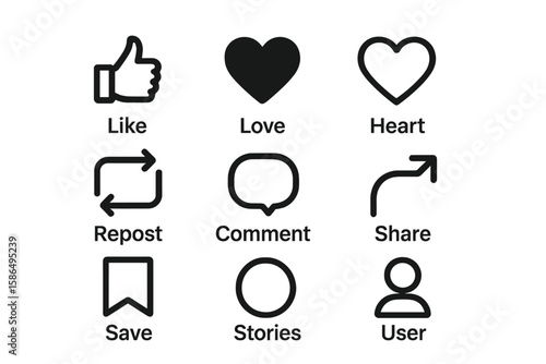Social Media Interface Vector Icons Set – Like, Love, Heart, Repost, Comment, Share, Save, Stories, User – Modern Minimal Notification Buttons for Instagram and Apps – Transparent Background