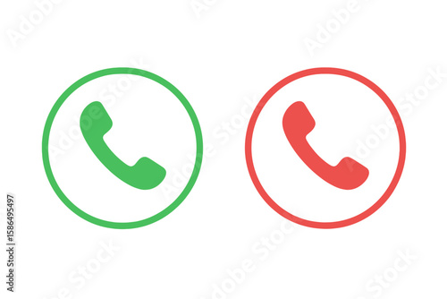 Green and Red Phone Call Buttons Icon Set. Vector Illustration, Communication Accept Decline Symbols, Isolated Transparent Background, Call In Out Concept, Mobile App User Interface Elements