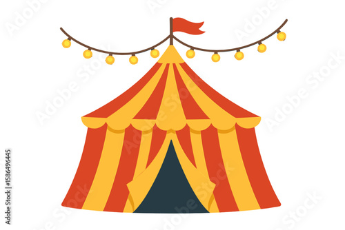 Circus Tent Vector Illustration with Festive Lights, Red and Yellow Stripes, Carnival Canopy, Amusement Fairground, Entertainment Event, Isolated on Transparent Background