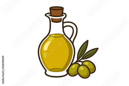 Glass Bottle of Olive Oil with Green Olives and Leaves, Healthy Cooking Ingredient, Mediterranean Cuisine, Isolated Clipart, Transparent Background, Natural Organic Food Vector