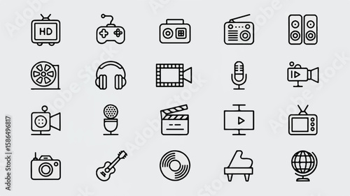 Black and white line art icons for media and entertainment