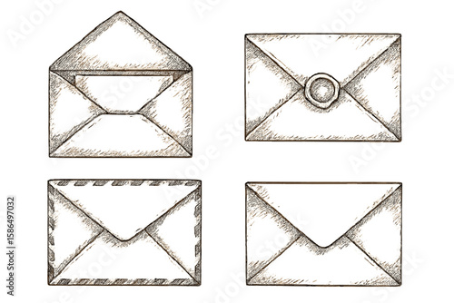 Hand Drawn Vintage Envelope Sketch Set – Four Retro Mail Envelope Vector Illustrations, Open and Closed, Classic Stationery, Postage, Postal Design Elements, Transparent Background