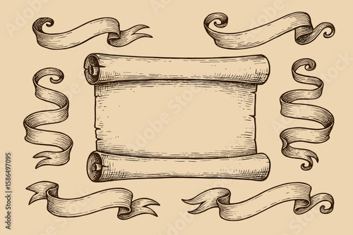 Vintage Hand Drawn Scroll and Ribbon Banner Set. Antique Scroll Sketch, Swirl Ribbons, Blank Paper Banner, Retro Decorative Elements, Engraved Style, Vector Illustration for Invitations and Labels