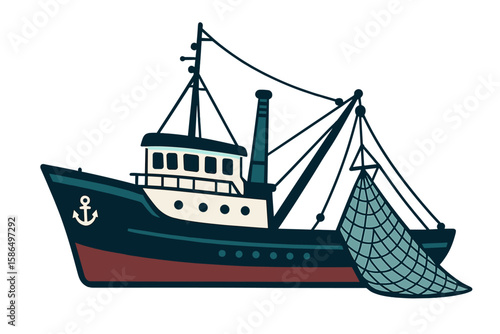 Commercial Fishing Trawler Vector Illustration with Fishing Net, Nautical Vessel, Maritime Industry, Isolated on Transparent Background, Ocean Seafood Harvesting Concept