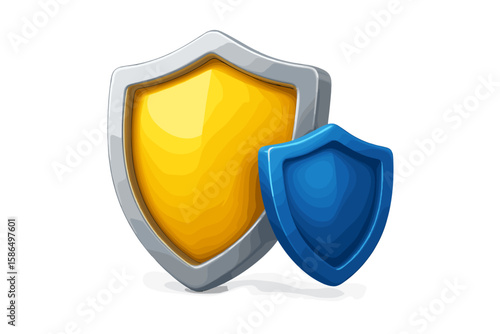Two 3D shields for powerful protection and security. Vector icon for safety, defense, and privacy. Secure system guard symbol. Antivirus, firewall, or warranty emblem.