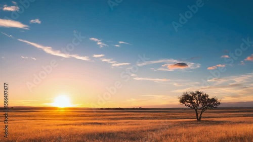 Sunset over open plains with lone tree