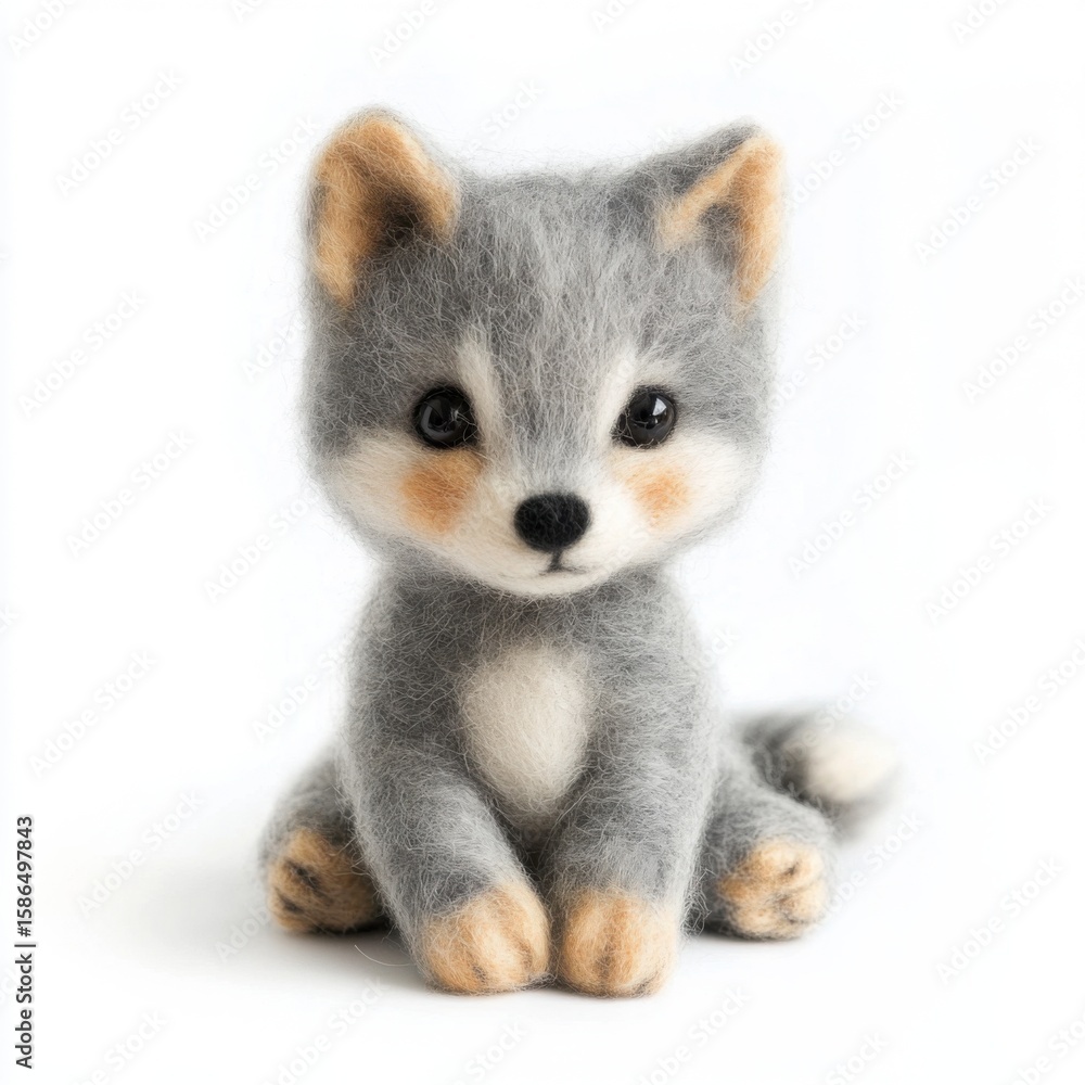Fototapeta premium Adorable plush wolf toy with gray fur sitting on white seamless backdrop
