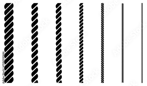Straight ropes collection. Nautical rope silhouette set. Vector illustration isolated on white.
