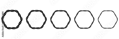 Different thickness rope hexagon frames set. Nautical rope shapes silhouette collection. Vector illustration isolated on white.