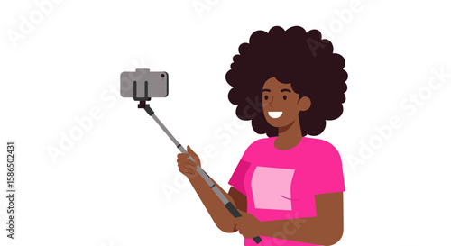 Young Black woman taking a selfie with smartphone on white background  