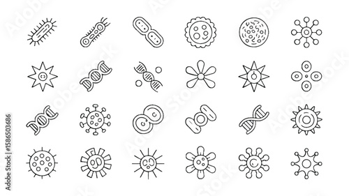 Black and white line art icons of various microorganisms and D N A