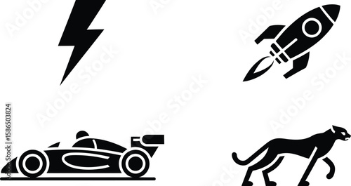 Speed Symbol Icons Set – Black and white Rocket, Race Car, Cheetah, Lightning Vector Pack