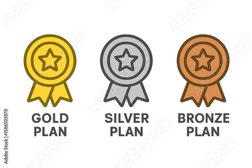Gold, Silver, Bronze membership plan icons. Subscription tier medal set. Award ribbon with star for premium, standard, and basic levels. Loyalty program vector illustration.