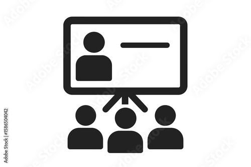 Business presentation icon with speaker on screen and audience. Corporate training, seminar, and conference concept. Teacher with students. Leader at meeting vector pictogram.