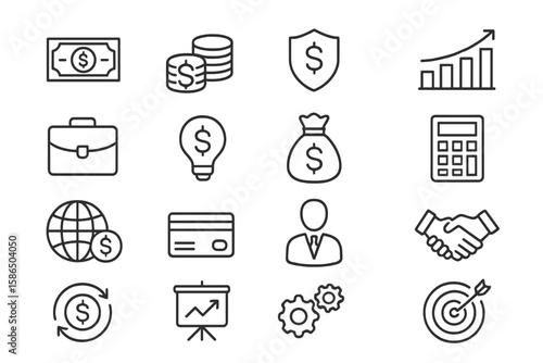 Business and finance thin line icon set. Money, investment, banking outline pictograms collection. Editable stroke vector icons for growth, strategy, payment, and security.
