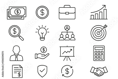 Business and finance thin line icon set. Money, investment, strategy and analysis symbols. Vector collection of management, marketing, and success outline icons with editable stroke.
