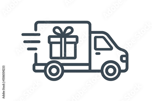 Fast delivery truck with gift box icon. Express shipping van for e-commerce, online shopping. Logistic service symbol. Present, surprise package transport vector illustration.