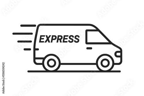 Express delivery van icon. Fast shipping and transportation service symbol. Logistics and freight concept for online order and e-commerce. Courier truck moving quickly.