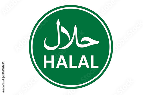 Halal Certification Icon with Arabic and English Text, Green Circular Halal Label, Symbol for Food Products, Islamic Sticker, Vector Illustration for Packaging or Restaurant Use