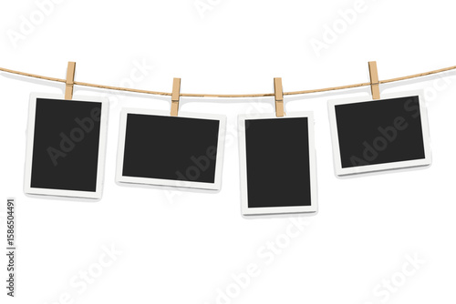 Retro photo frames hanging on a clothesline with clothespins. Blank instant camera picture mockup for memory and nostalgia. Vector illustration isolated on white background.