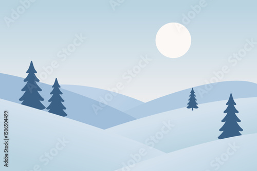 Serene Winter Landscape with Snow-Covered Hills and Evergreen Trees