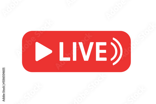 Live stream button icon for online video broadcasting. Red play symbol for streaming media on websites, apps, social media, news, shows, gaming, or webinars. Vector graphic.
