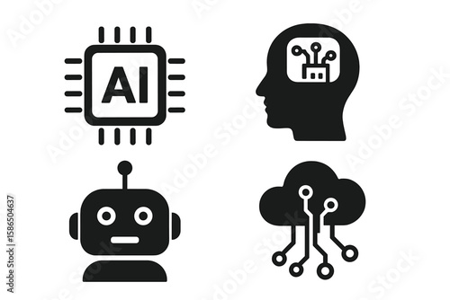 Artificial intelligence solid icon set. AI technology glyph symbols for web and mobile app. Machine learning, neural network, smart robot, cloud computing, algorithm vector pack.
