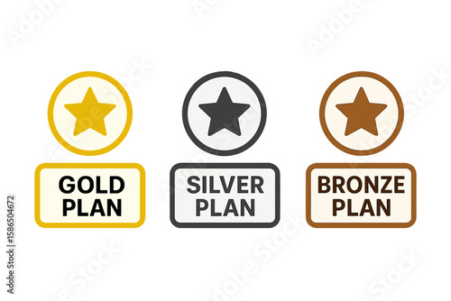 Membership plan icons with gold, silver, and bronze tiers. Vector set for subscription models, pricing tables, and user interface web buttons. Premium and basic packages.