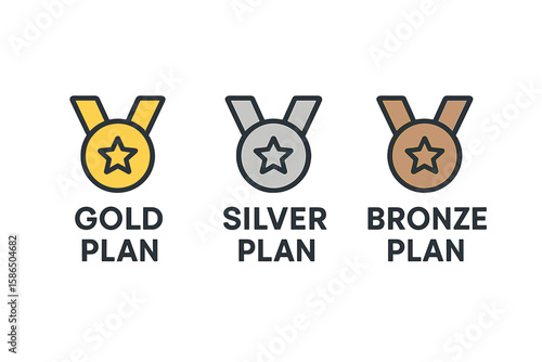 Gold, silver, bronze membership plan icon set. Subscription level or pricing tier medals. Premium, standard, and basic package choice vector illustration for web or app design.