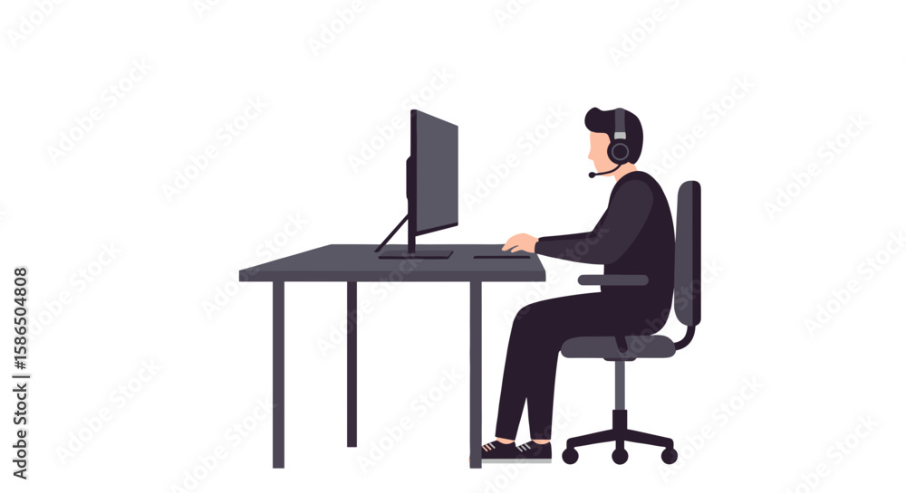 Man working at desk with computer and headset in office environment Man working at desk with computer and headset in office environment