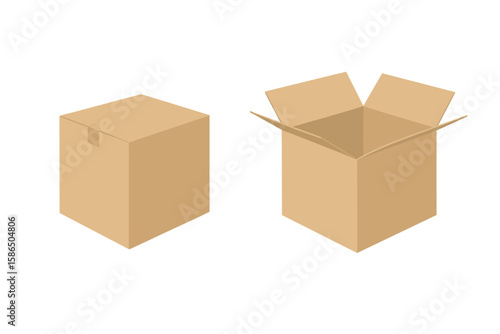 Set of carton delivery packaging boxes. Blank open and closed cardboard box mockup template. Isometric kraft paper parcel for shipping, moving, or storage. Vector design.