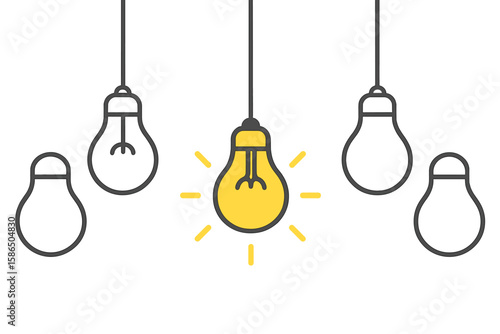 Creative idea concept with hanging light bulbs. One glowing lamp symbolizing innovation, solution, and success. Business leadership and uniqueness vector illustration.