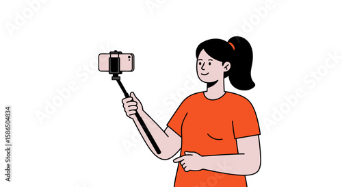 Young woman taking selfie with smartphone on a white background  