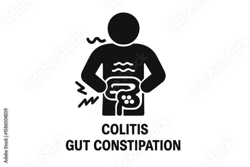 Colitis and gut constipation icon. Vector illustration of abdominal pain, bloating, and stomach ache. Gastroenterology, digestive system disease, and health care concept.