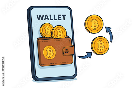 Crypto wallet for digital bitcoin storage on a mobile phone. Cryptocurrency transaction and exchange concept. Blockchain technology for sending and receiving virtual money.