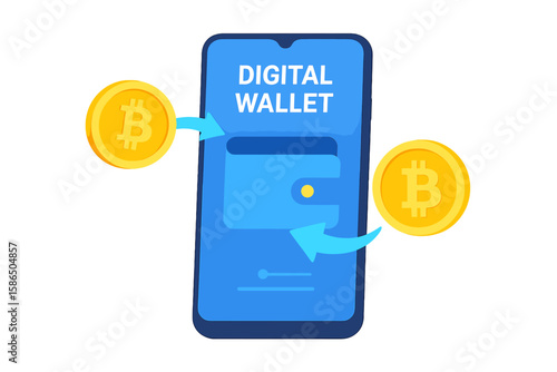 Crypto wallet concept with mobile phone. Digital bitcoin wallet for cryptocurrency transaction. Blockchain technology for sending and receiving virtual money. Fintech payment.