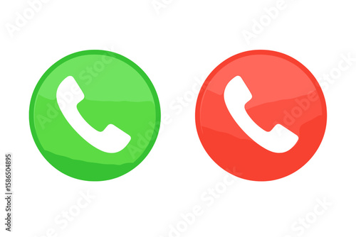 Vector Illustration of Green and Red Phone Call Buttons, Answer and End Call Symbols, Communication Icons, Transparent Background, Mobile App User Interface Design Elements, Customer Service Concepts
