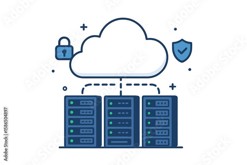 Data hosting servers connected to cloud storage. Network technology for online computing. Server cabinets for memory and information transfer. Secure database center vector concept.