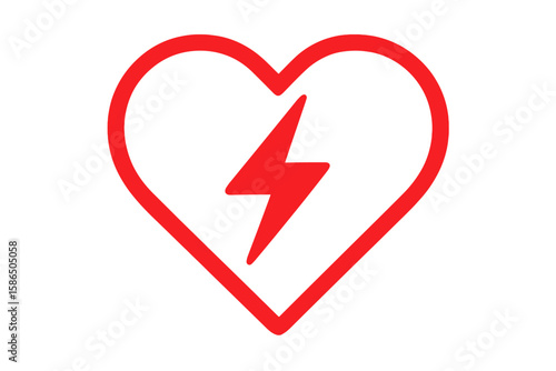 Electric Heartbeat Icon. Red Heart Outline with Lightning Bolt Symbol. Emergency Medical Defibrillator, AED Concept. Healthcare Cardiology Vector. Transparent Modern Life-Saving Equipment Graphic