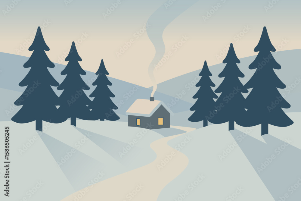 Fototapeta premium Cozy Winter Cabin Surrounded by Snowy Hills and Tall Pine Trees