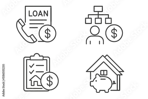 Finance icons set. Personal budget, money management, loan application, mortgage, home savings, real estate investment. Thin line style vector graphic elements for web.