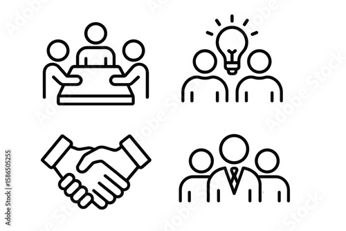 Business line icon set. Teamwork, collaboration, meeting. Partnership handshake. Innovation, new idea lightbulb. Leadership and corporate management vector symbols.