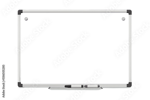 Realistic office whiteboard vector mockup. Empty magnetic board with markers on a transparent background. Blank template for business presentation, education, or training session.