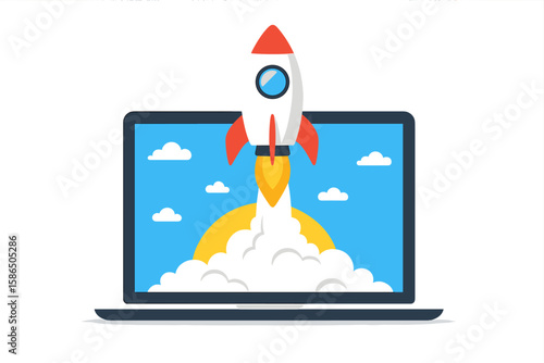 Rocket launch from laptop screen. Business start-up concept. Launching new product or service. Successful new business project development boost. Creative idea. Vector.