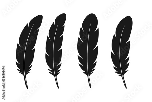 Set of four black feather silhouettes. Bird quill pen vector icon collection. Elegant boho plume illustration isolated on white background. Flat simple graphic design element.