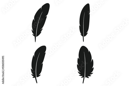 Black feather vector icon set. Bird quill pen silhouette collection in a simple flat style. Plume, plumage, and plumelet graphics isolated on white background for design.