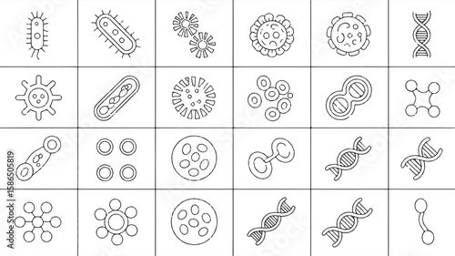 Black and white line art illustrations of biological cells and D N A
