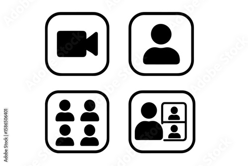 Set of video call icons. Video conference and online meeting buttons for web app UI. Communication technology symbols for internet talk, live stream, and webinar template.
