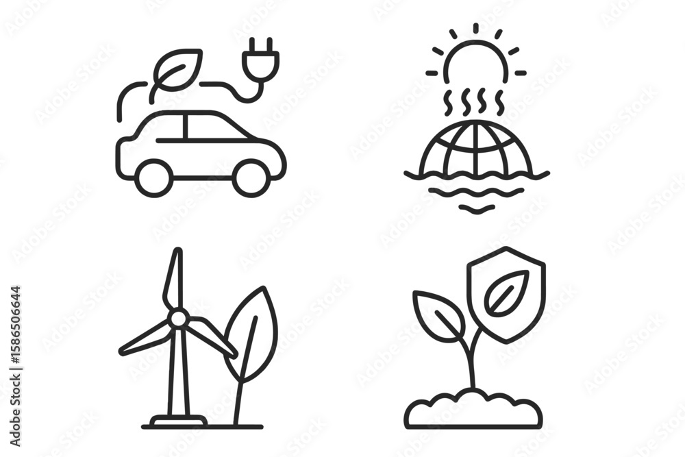 Fototapeta premium Eco-Friendly Travel and Sustainable Tourism Web Icons Set. Thin Line Vector Symbols for Mobile and Web Apps—Electric Car, Renewable Energy, Climate Change, Environmental Protection, Green Globe